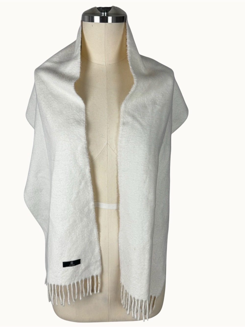 TUMI Ivory Cream Fringed Luxury Scarf 70x12 Soft Neutral